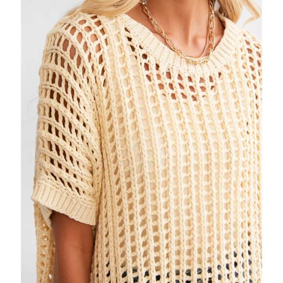 HYFVE Open Stitch Boxy Sweater Beige Crochet Knit Pullover Sweater Top Women's S - Picture 2 of 13